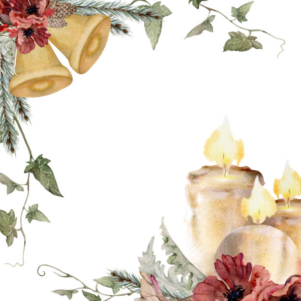 istock Candles, gold bells, poppy anemone, spruce fir tree branches cones, berries. Watercolor hand drawn illustration isolated on white. Xmas, happy new year festive, noel navidad holiday. For cards, gifts. 2161448092