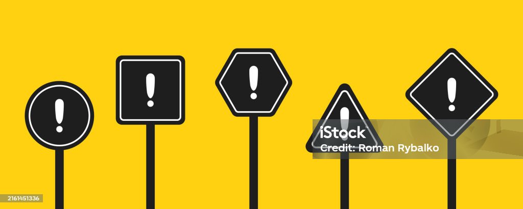 Caution When Rounding Corner Sign Set Of Round Square Rhombic Triangular And Hexagonal Black Road Signs ...