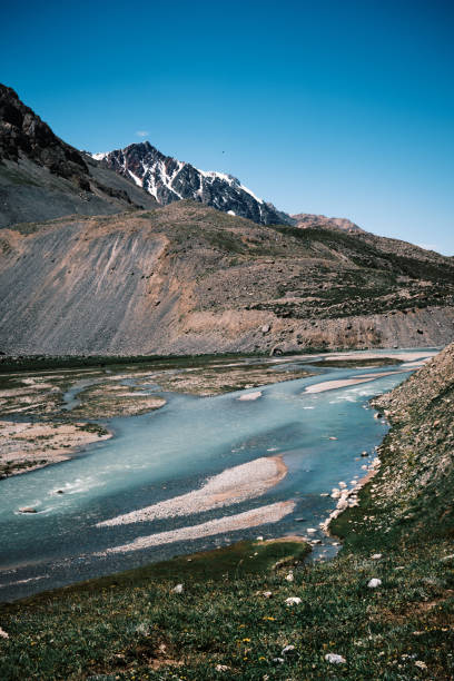 Beautiful light-blue river flowing through a summer mountain valley. Jilusu River, Kyrgyzstan