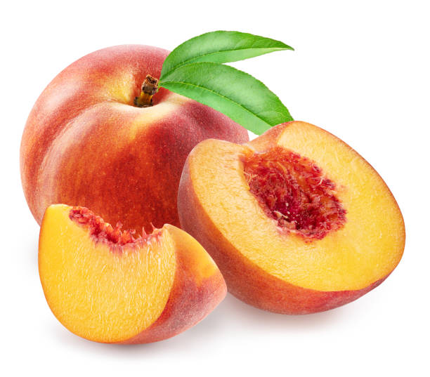 istock Ripe peach with leaf and peach slices on white background. File contains clipping path. 2161456338