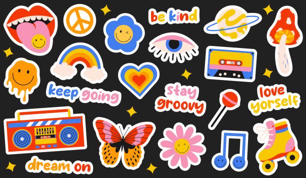 istock Sticker set of retro 70s groovy hippy elements. Cute colorful mushroom, butterfly, daisy flowers, heart, peace sign, rainbow, cassette tape etc isolated on black background 2161457129