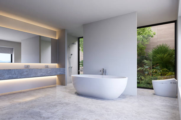 istock Minimal style modern luxury white bathroom with private garden view 3d render 2161460027