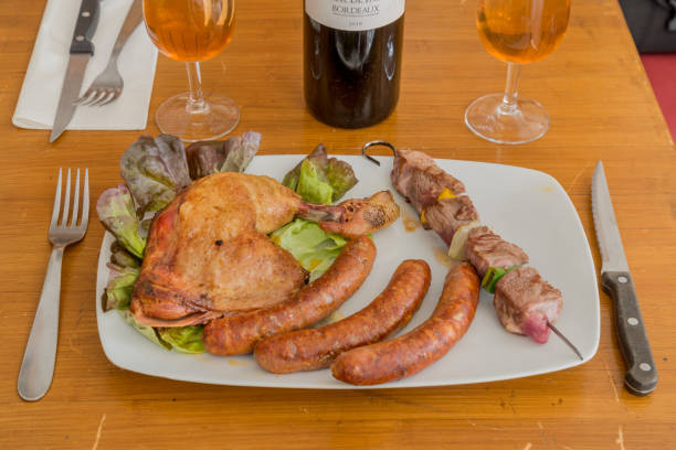 istock Sausages, a meat skewer and chicken on a plate 2161467327