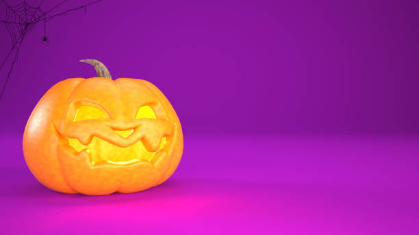 istock Halloween background with Jack o lantern abd spider web. Halloween pumpkin on purple with copy space 2161468578