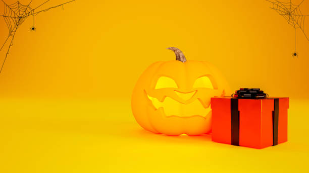 istock Halloween background concept with Jack o lantern, orange gift box and spider web, 3d render. 2161468811