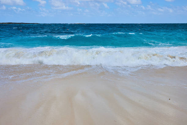 Serene beach scene in Paradise Island, Nassau, Bahamas, showcasing the pristine sandy shore meeting the dynamic turquoise ocean under a vibrant blue sky.