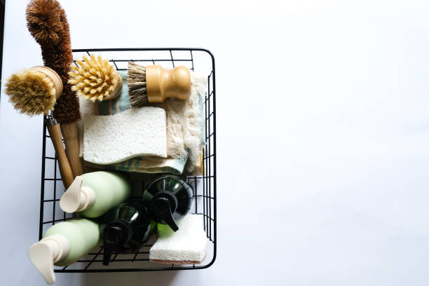 Eco friendly zero waste products in the basket for cleaning
