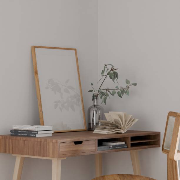istock Interior home work desk mockup poster wood frame in empty picture, element interior vertical, on the wall. in illustration 3d render 2161477860