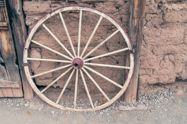 istock Antique wagon wheel against a wall 2161485627