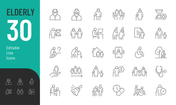 Elderly Line Editable Icons set. Vector illustration in modern thin line style of seniors related icons: active lifestyle, support, care, and more. Isolated on white walk slowly stock illustrations