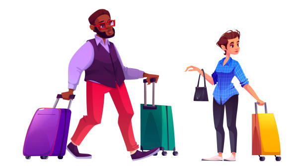Travel people character with suitcase in trip Travel people character with suitcase in trip vector. Young black man and woman person in tour or airplane journey isolated png design set. African human passenger walking with luggage in airport people walking png stock illustrations