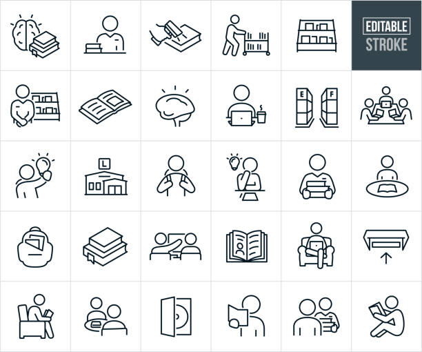 A set of library and books icons that include editable strokes or outlines using the EPS vector file. The icons include a brain and books, book being scanned for checkout at the library, librarian at front desk in library, librarian pushing a cart of books to be filed away on shelves, bookshelf with books, librarian holding a stack of books, open book, human brain gaining knowledge at the library, person at laptop with a cup of coffee at a library, rows of bookshelves in a library, three people seated at laptops at a table in a library, student gaining knowledge at the library, library building, person deep in thought at the library, person seated at a table in the library reading a book, backpack with books, stack of books, librarian assisting a customer on the computer at a library, person sitting at arm chair on laptop while at the library, person reading a book in the library while seated in an arm chair, students studying at the library and other related icons.
