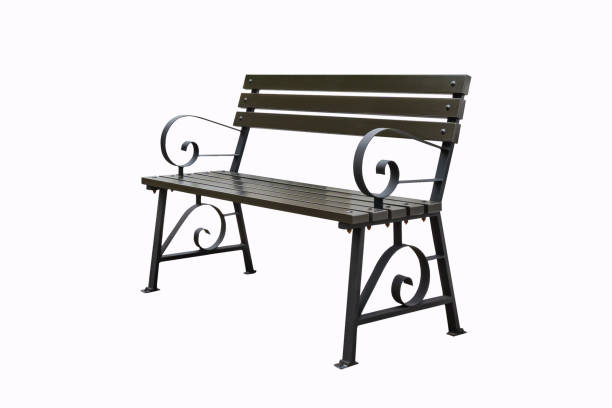 Long black bench in a white background with no shadows Shot from a striking angle Solid wood bench with steel frame.