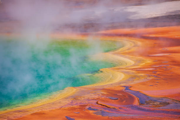 Grand prismatic spring creating colorful patterns in yellowstone national park