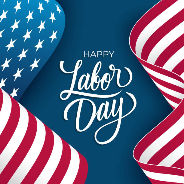 Happy Labor Day. Hand lettering and waving American Flag. United States federal holiday festive greeting card. Blue background. Happy Labor Day. Hand lettering and waving American Flag. United States federal holiday festive greeting card. Blue background. Vector illustration. labor day stock illustrations