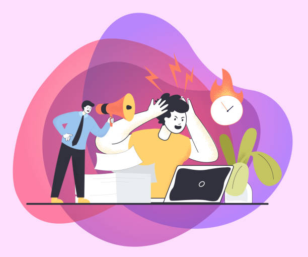Boss shouting at exhausted employee flat vector illustration Boss shouting at exhausted employee flat vector illustration. Burnout and frustrated worker having pressing deadlines at work. Furious leader rushing man to complete tasks. Occupation concept pain management centers stock illustrations