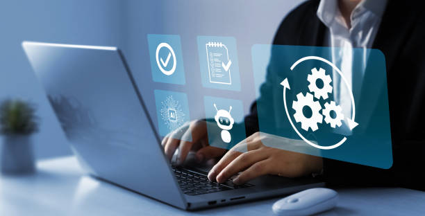 istock Robotic process automation or RPA.Technology to automate business tasks with AI robotic management.Automated industrial technology with digital transformation.Business process optimisation. 2161506576