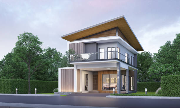 istock Modern house exterior evening view with lawn grass.3d rendering 2161506670
