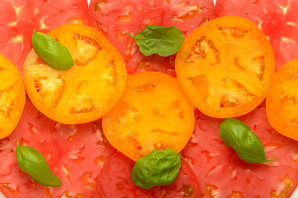 trendy pattern of fresh mix tomato slices background and basil.