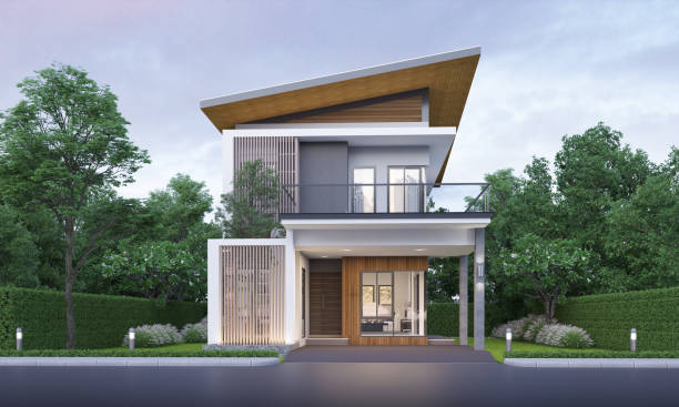 istock Modern house exterior evening view with lawn grass.3d rendering 2161506926