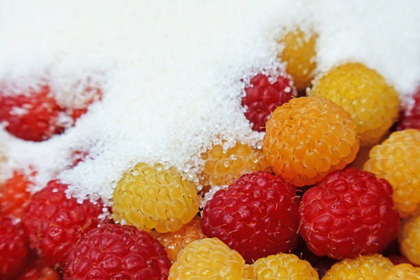 Red and yellow raspberries covered with sugar. Prepared for cooking jam.