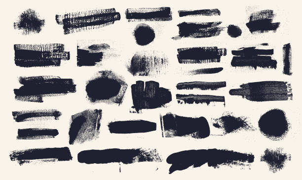 ilustrações de stock, clip art, desenhos animados e ícones de brush strokes set. grunge design elements paintbrush. rectangle text boxes frames. dirty distress texture. ink black splatters. fabric imprint textile cloth material. vector grunge painted objects. - pintura