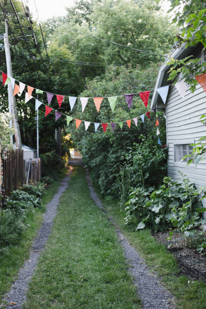 Alley, Pennant, Flag, Lush Foliage