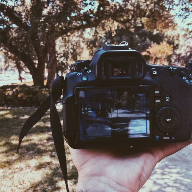 istock Hand holding camera with the screen on in a nature park 2161527167