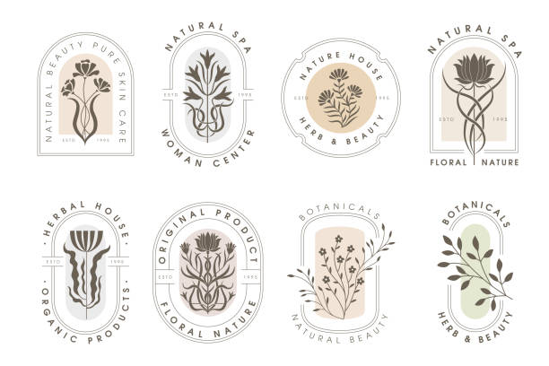 Botanical badges. Floral stylized pictures with decorative flowers and place for personal text recent vector template graphic arts