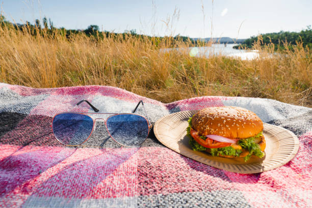 A burger and blue sunglasses lie on a blanket on the river bank (close-up). Picnic outdoors on a hot and sunny day