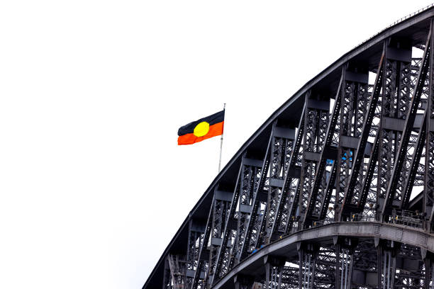 Sydney, Australia - July 06: Australian Aboriginal flag on Harbour bridge, white background with copy space, full frame horizontal composition
