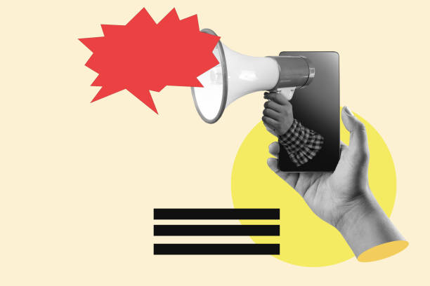 istock A human hand holding the megaphone through a mobile phone screen with an empty speech bubble 2161555638