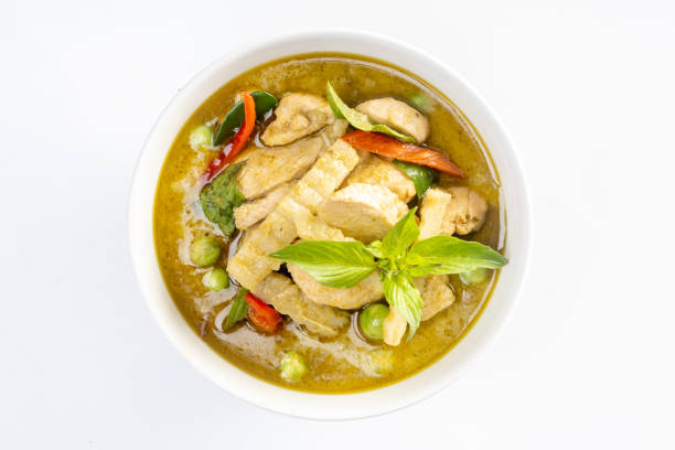 istock Chicken green curry with coconut shoots isolated on white background. 2161561244