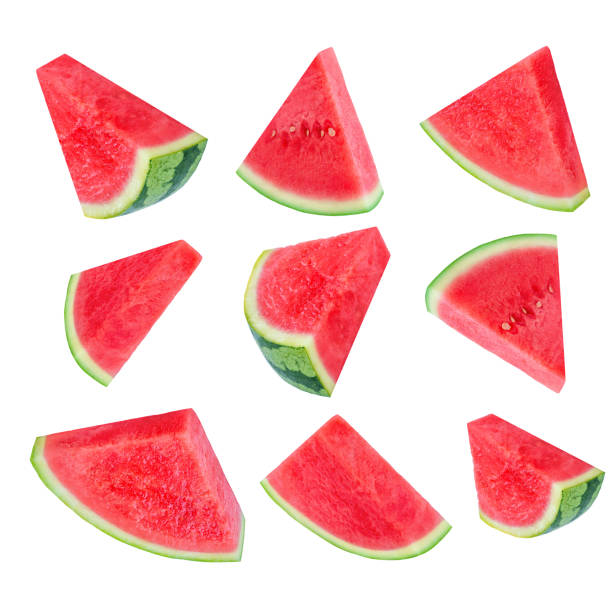 istock Watermelon slices isolated on white background. Water melon Pattern. Levitating Fresh juicy Watermelon pieces closeup. 2161571371