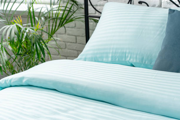 istock Mint Green Striped Bedding on a Black Metal Frame Bed 2161574296
