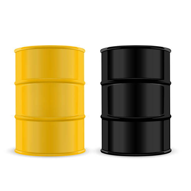 istock Two metal barrels, one yellow and one black, standing upright. Vector 2161574986