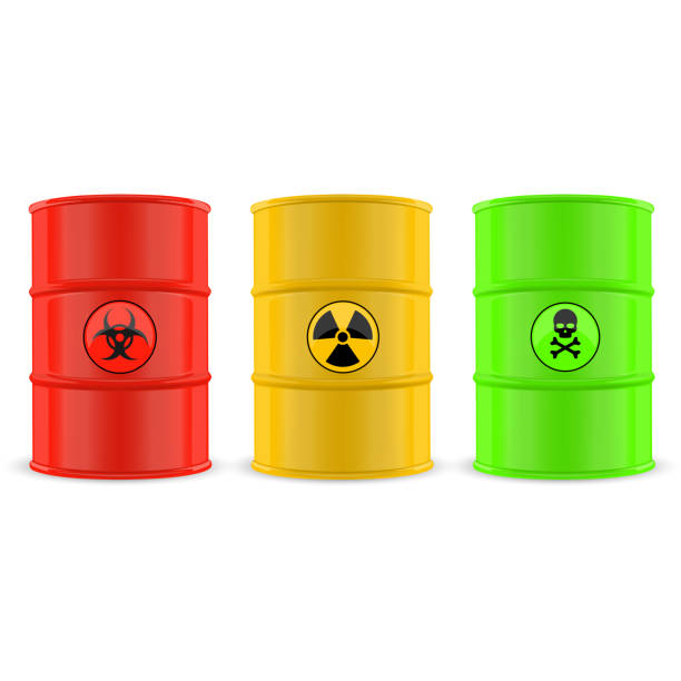 istock Three colored barrels with hazard symbols: biohazard, radioactive, toxic. Vector 2161575518