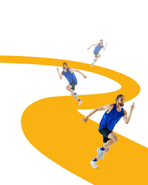 istock Muscular man in blue uniform, runner in motion, competing against white background with abstract yellow track. Minimalistic design. 2161576386