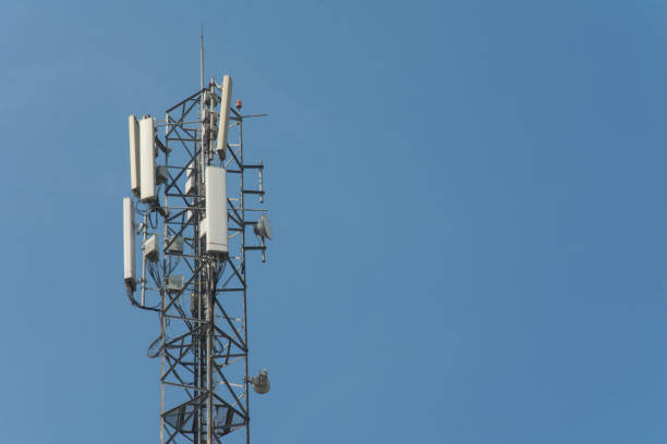 Closeup aerial view around of the telecommunication tower. Communication modern radio network concept. 3d render