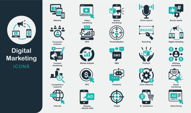 Digital Marketing solid icons collection.E-commerce, PPC, Mobilemarketing, Website, SEO, Content, Affiliate marketing, Email, Video, Social media, SMS, Branding, Advertising, Product, Market analysis Digital Marketing solid icons collection.E-commerce, PPC, Mobilemarketing, Website, SEO, Content, Affiliate marketing, Email, Video, Social media, SMS, Branding, Advertising, Product, Market analysis, Cost effective, Target, Internet, Competitive research, Personalization, Voice search, Chatbots, Business marketing stock illustrations