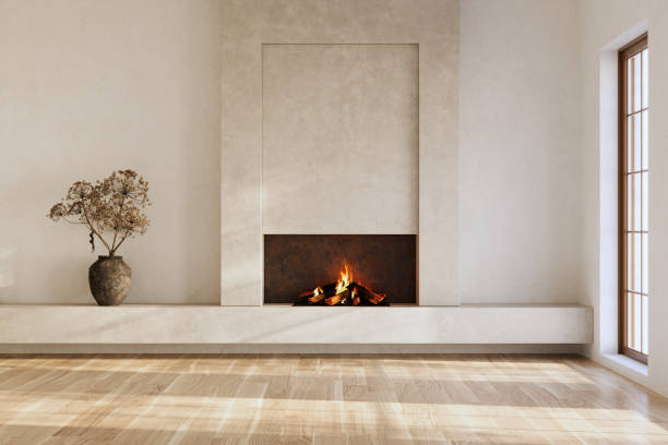 istock Minimalist living room interior with modern fireplace. Interior mockup, 3d render 2161584029