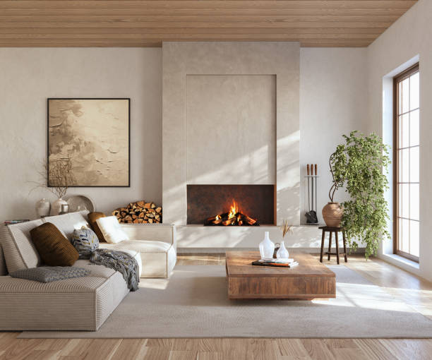 istock Minimalist living room interior with modern fireplace. Interior mockup, 3d render 2161584030