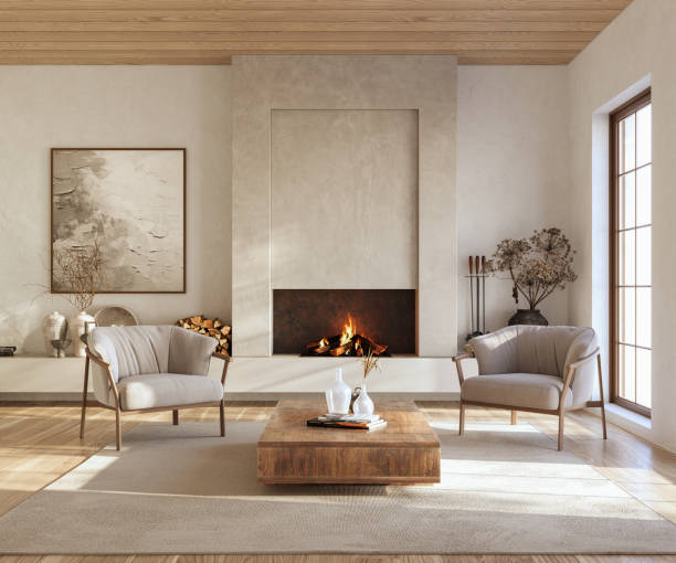 istock Minimalist living room interior with modern fireplace. Interior mockup, 3d render 2161584031