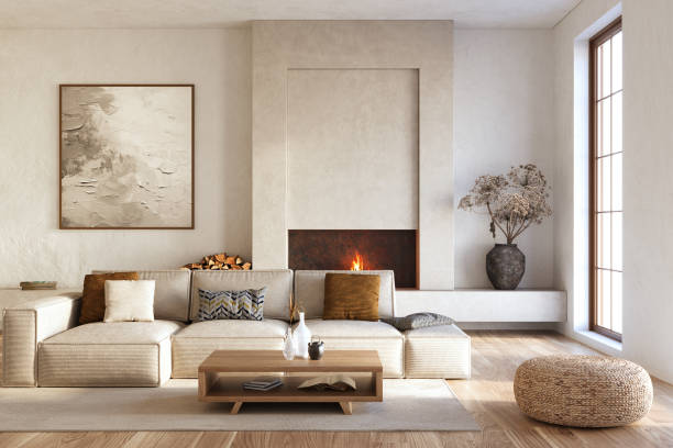 istock Minimalist living room interior with modern fireplace. Interior mockup, 3d render 2161584032