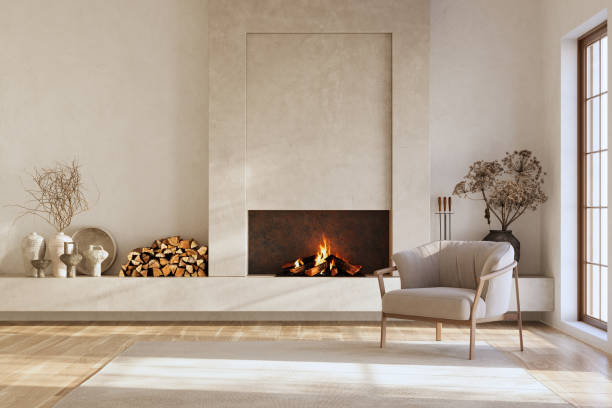Minimalist living room interior with modern fireplace. Interior mockup, 3d render