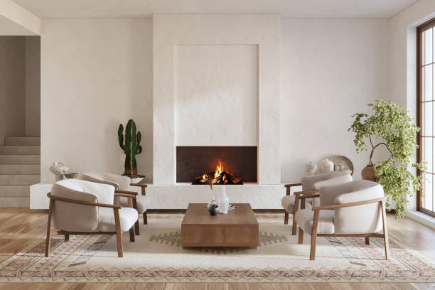 istock Minimalist living room interior with modern fireplace. Interior mockup, 3d render 2161584042