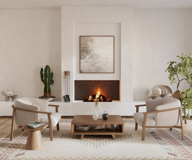 istock Minimalist living room interior with modern fireplace. Interior mockup, 3d render 2161584044