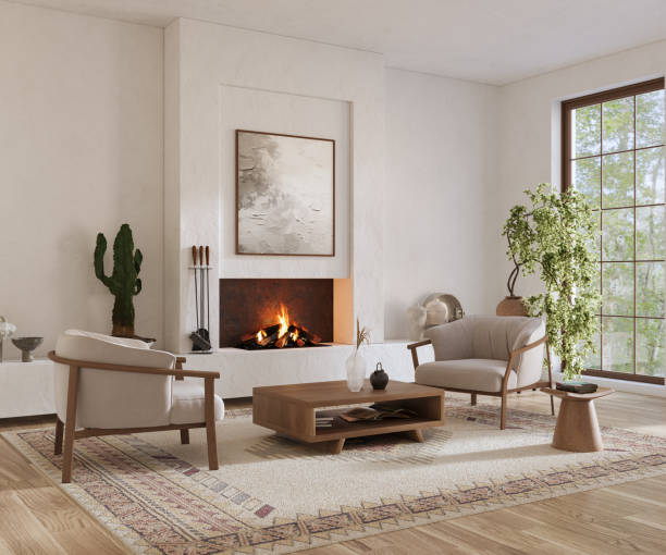 istock Minimalist living room interior with modern fireplace. Interior mockup, 3d render 2161584046