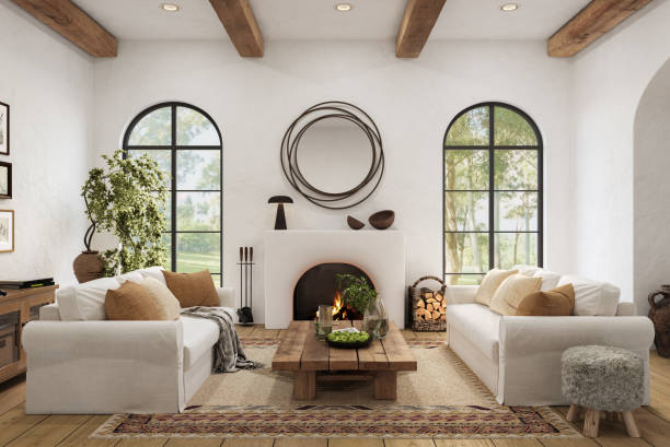 istock Wabi sabi living room interior with arch windows and fireplace, 3d render 2161584049