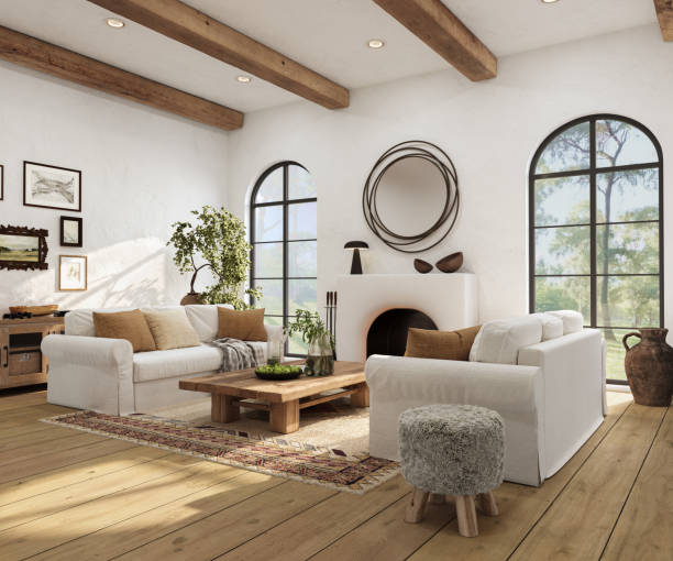 interior de la sala de estar wabi sabi con ventanas en arco y chimenea, render 3d - cuarto de estar fotografías e imágenes de stock